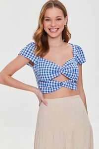BLUE/WHITE Gingham Cutout Crop Top, image 1