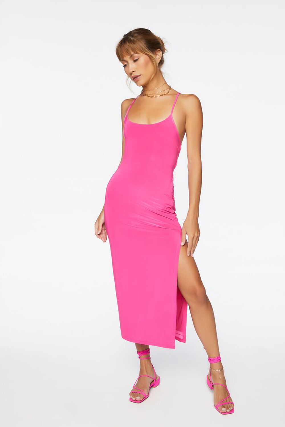 SHOCKING PINK Lace-Up Midi Cami Dress, image 1