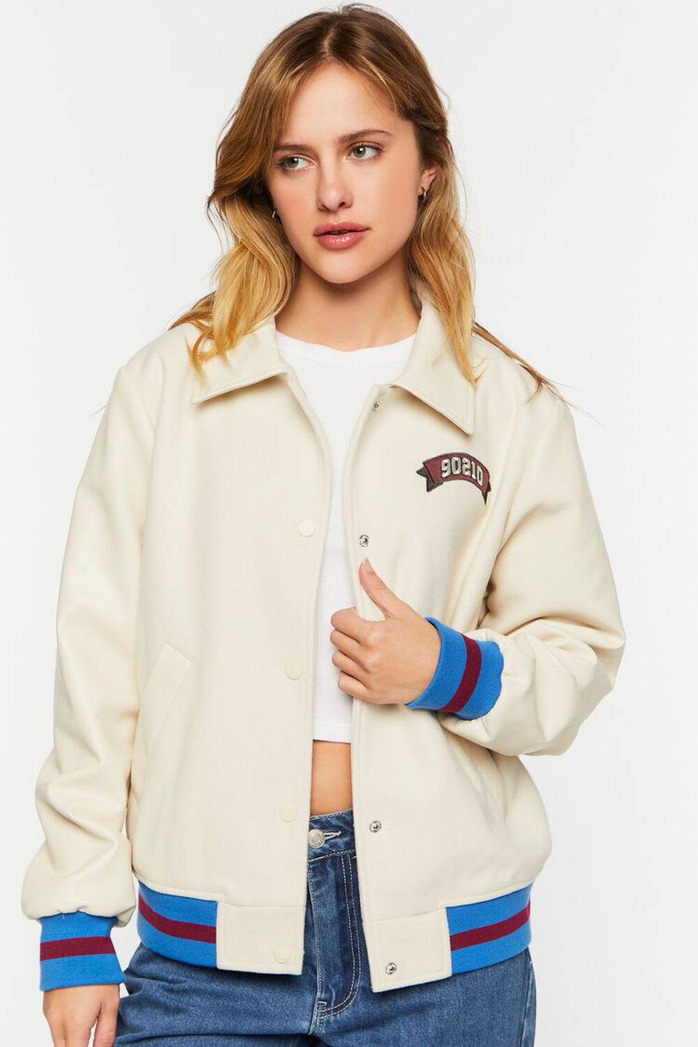 Faux Leather Varsity-Striped Tennis Jacket