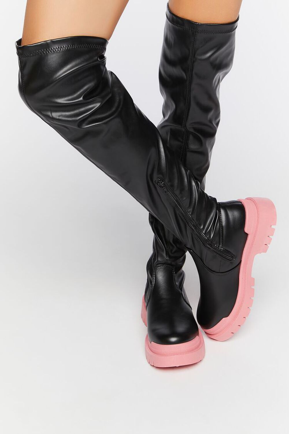 BLACK/PINK Colorblock Over-the-Knee Lug-Sole Boots, image 1