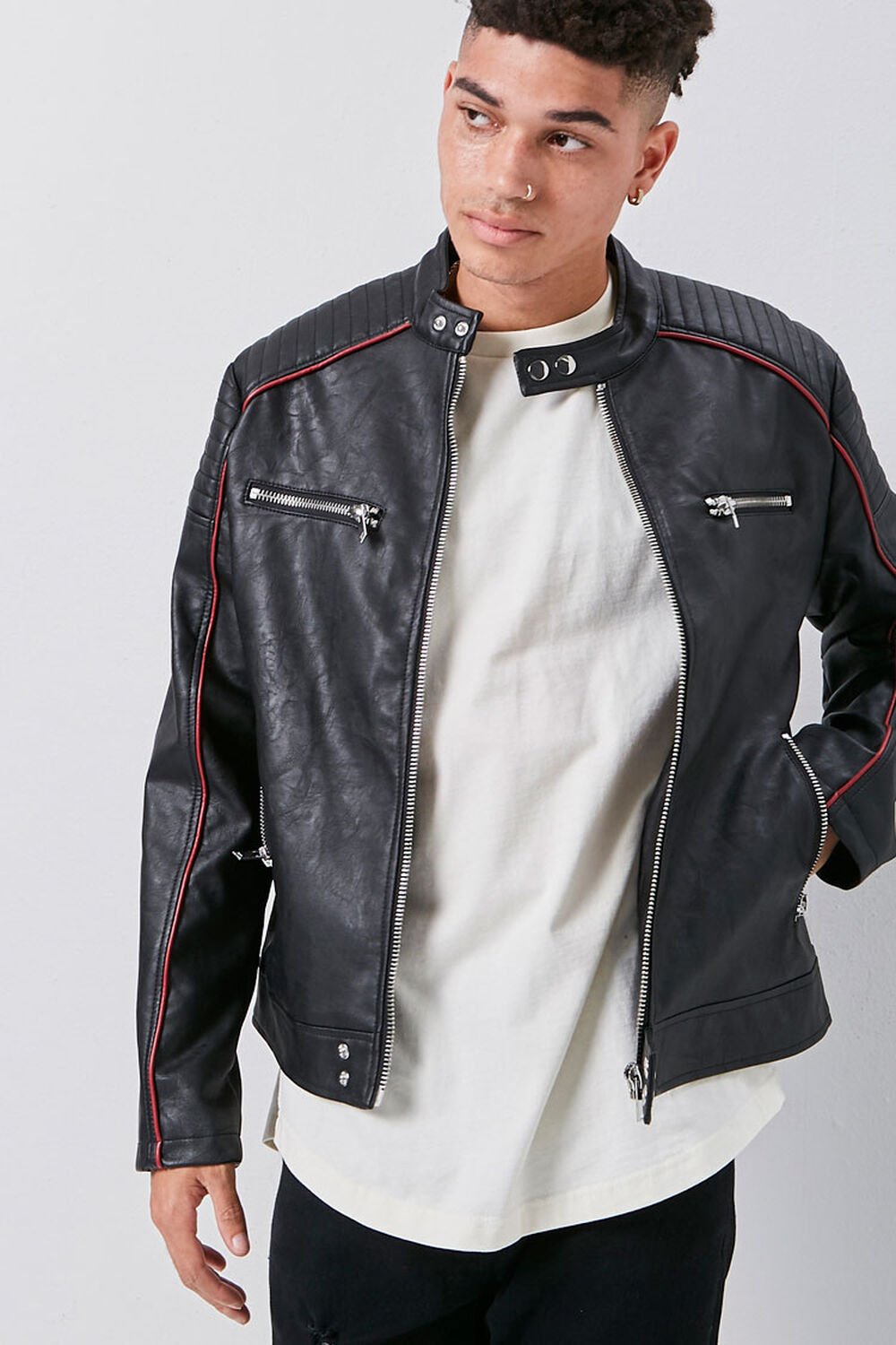 BLACK/RED Faux Leather Piped-Trim Bomber Jacket, image 1