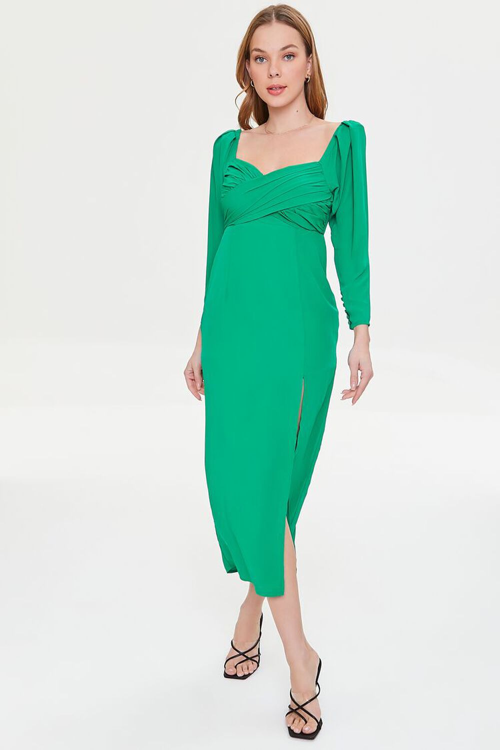 GREEN Shirred Midi Slit Dress, image 1