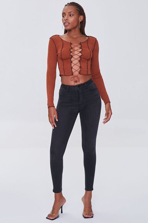 RUST Topstitched Lace-Up Crop Top, image 4