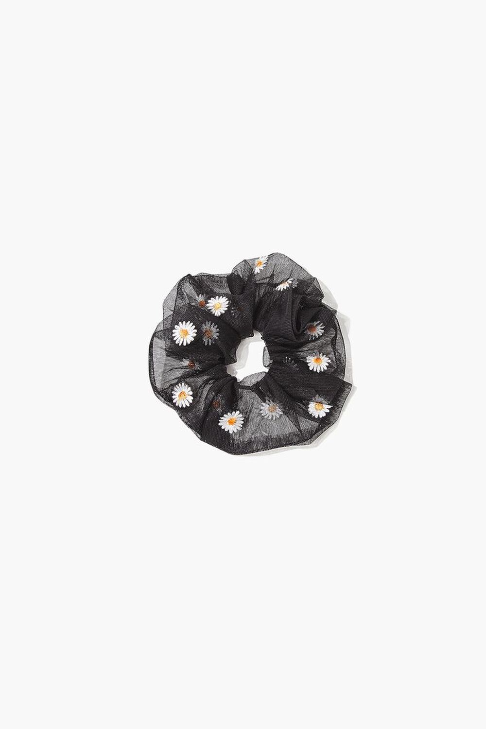 BLACK/MULTI Embroidered Daisy Floral Scrunchie, image 1
