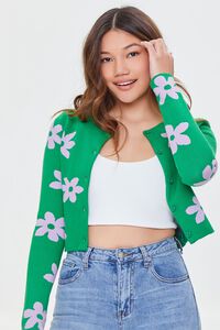 GREEN/LAVENDER Daisy Floral Cardigan Sweater, image 1