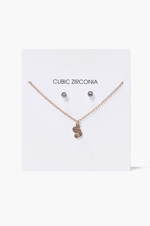 GOLD/S CZ Letter Necklace & Stud Earrings Set, image 1