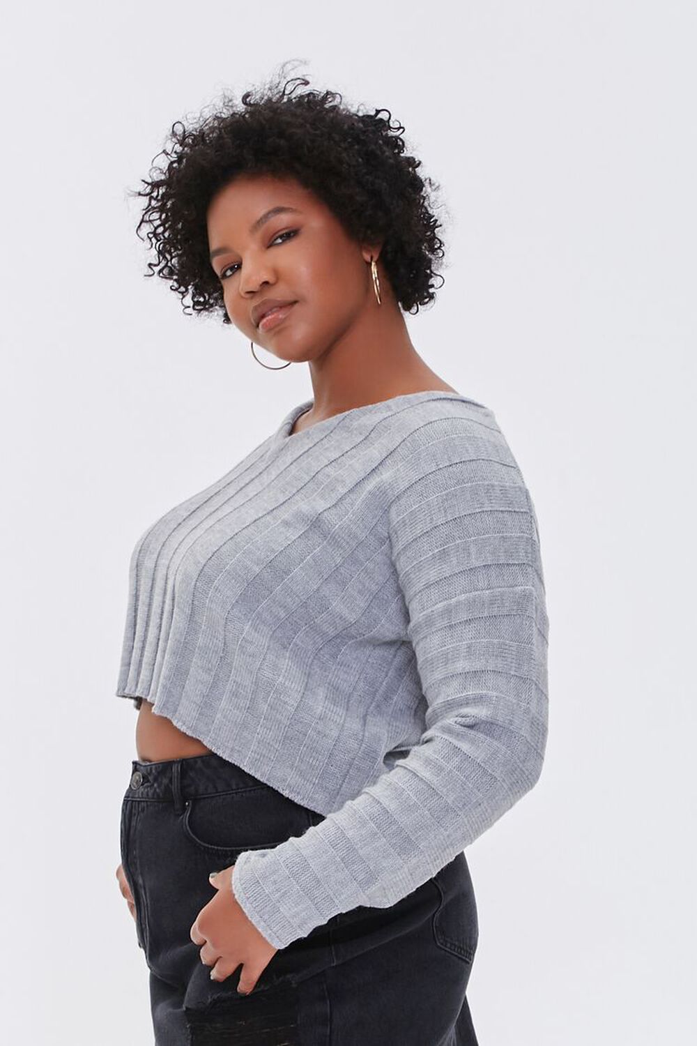 HEATHER GREY Plus Size Ribbed Drop-Sleeve Sweater, image 2