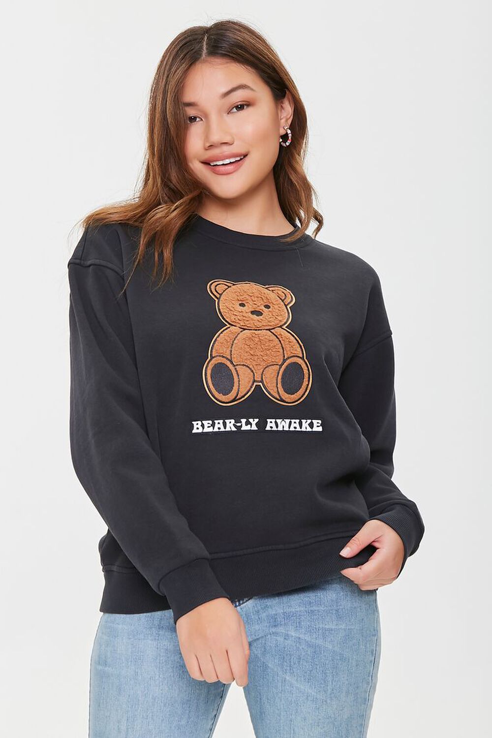 BLACK/BROWN Embroidered Teddy Bear Pullover, image 1