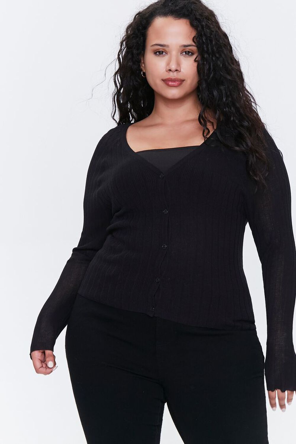 BLACK Plus Size Ribbed Cardigan Sweater, image 1