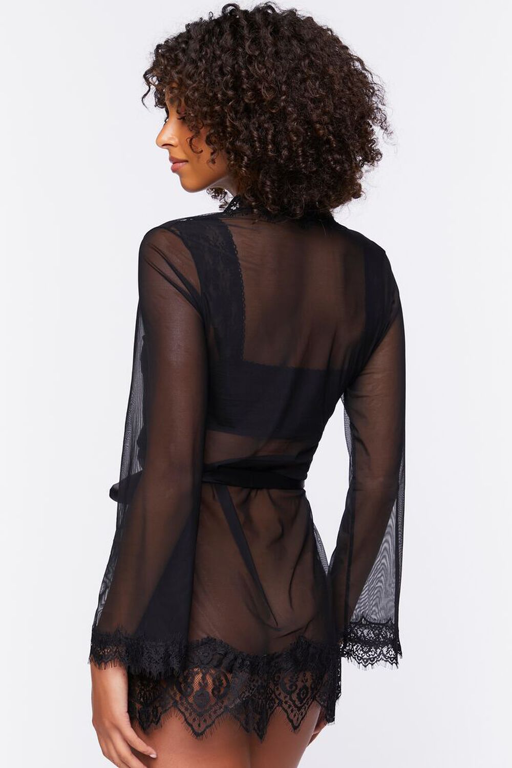 BLACK Sheer Lace-Trim Lingerie Robe, image 3