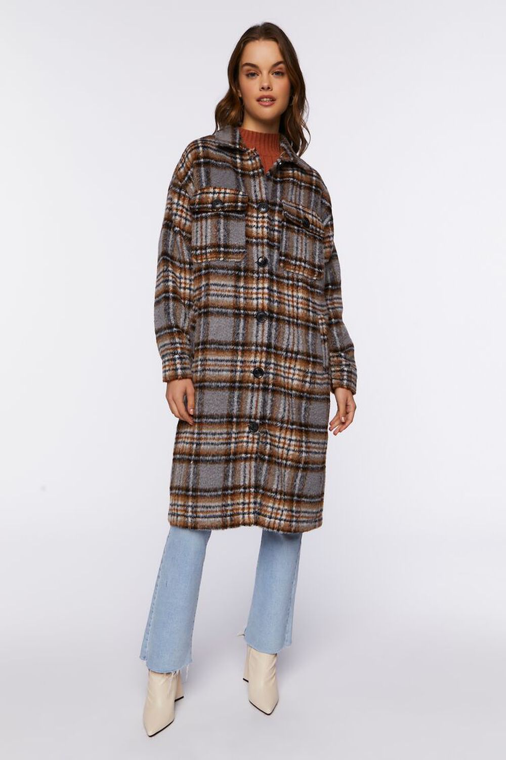GREY/MULTI Plaid Buttoned Duster Jacket, image 1