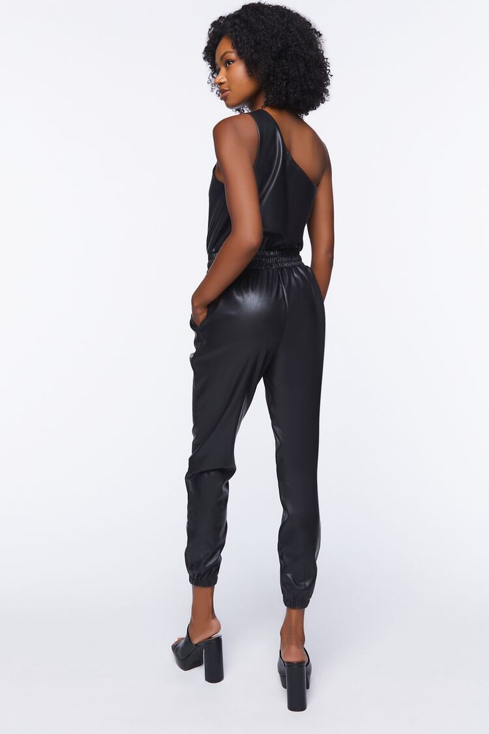 BLACK Faux Leather One-Shoulder Jumpsuit, image 3