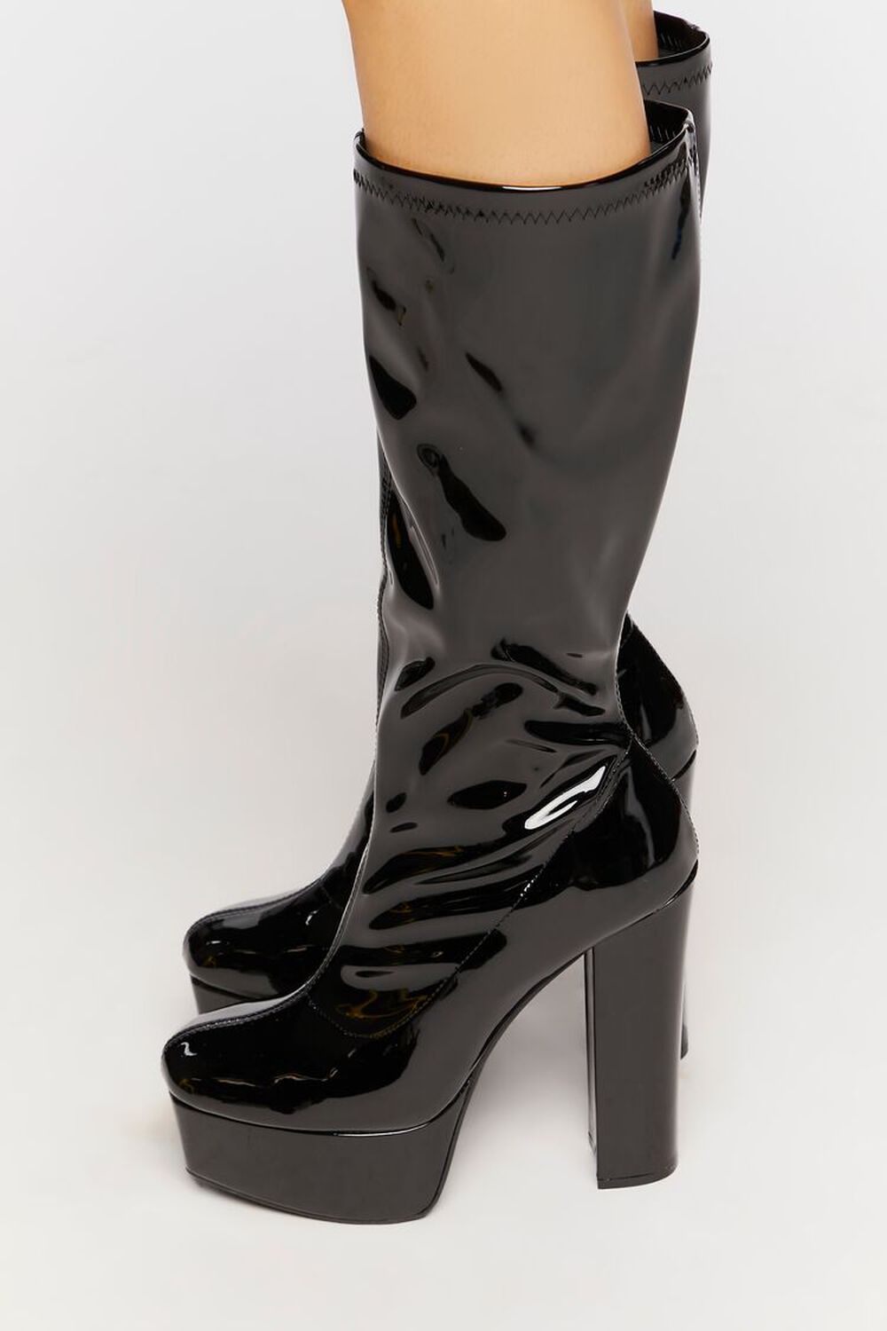 BLACK Faux Patent Leather Calf-High Boots, image 2