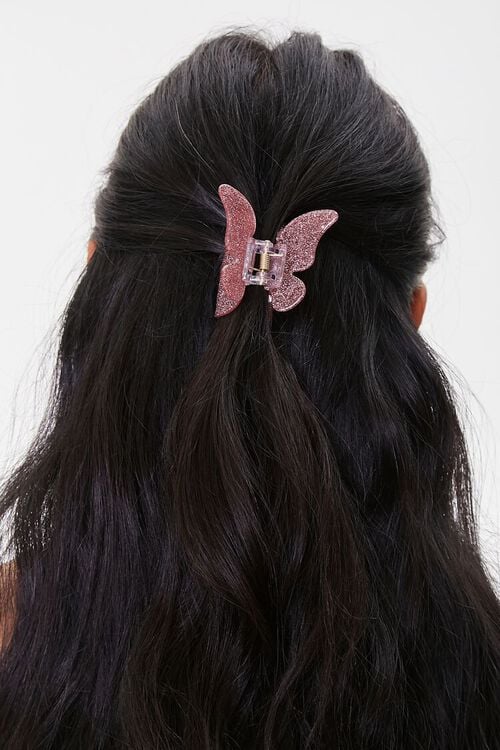 PINK/GREY Glitter Butterfly Hair Clip Set, image 1