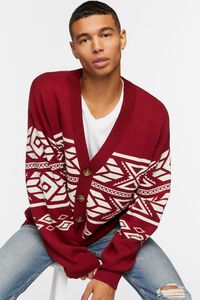 BURGUNDY/CREAM Geo Print Cardigan Sweater, image 1