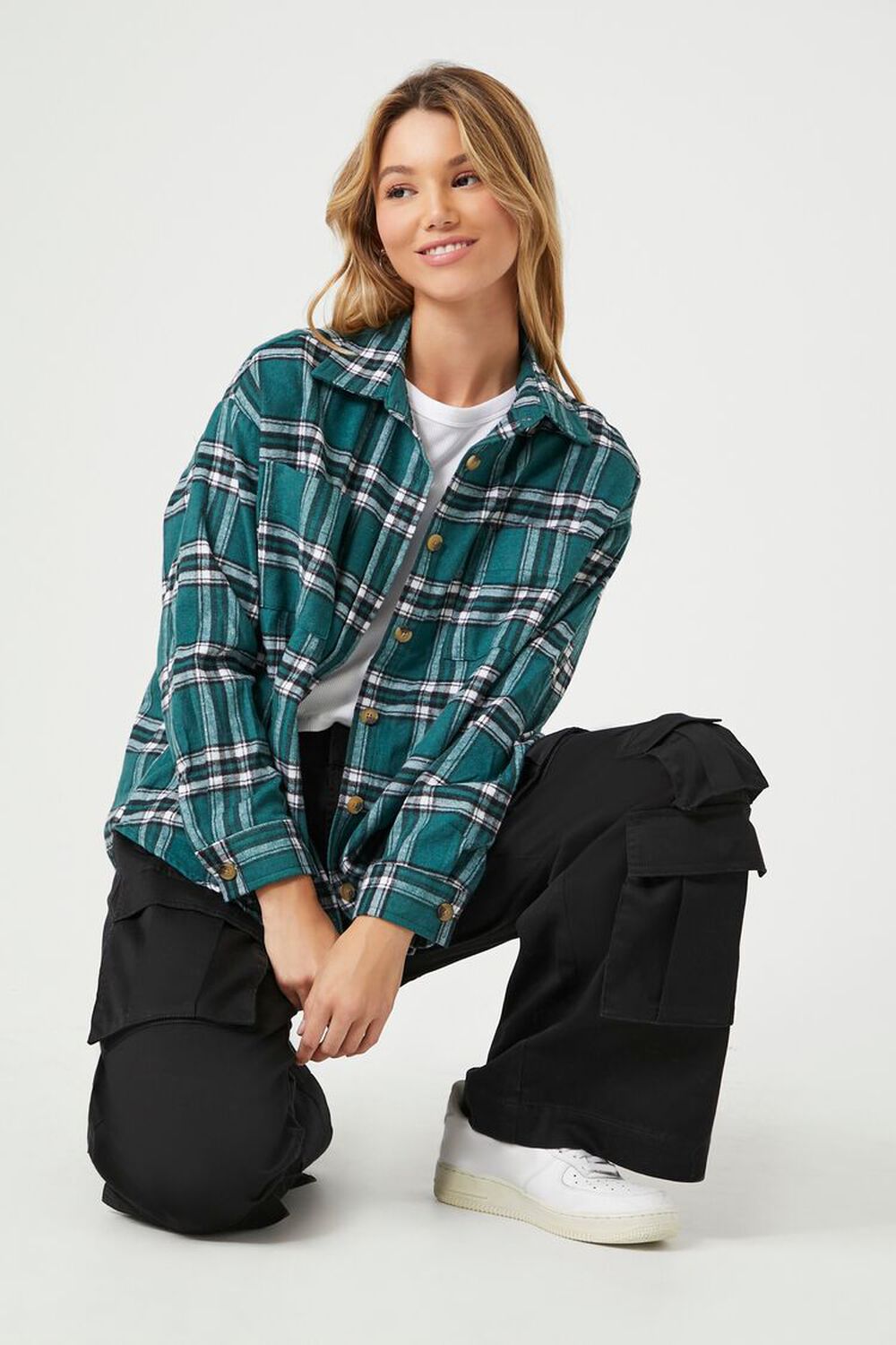 GREEN/MULTI Plaid Flannel Curved-Hem Shirt, image 1