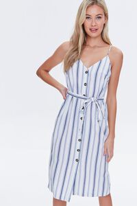 CREAM/BLUE Striped Linen-Blend Dress, image 1