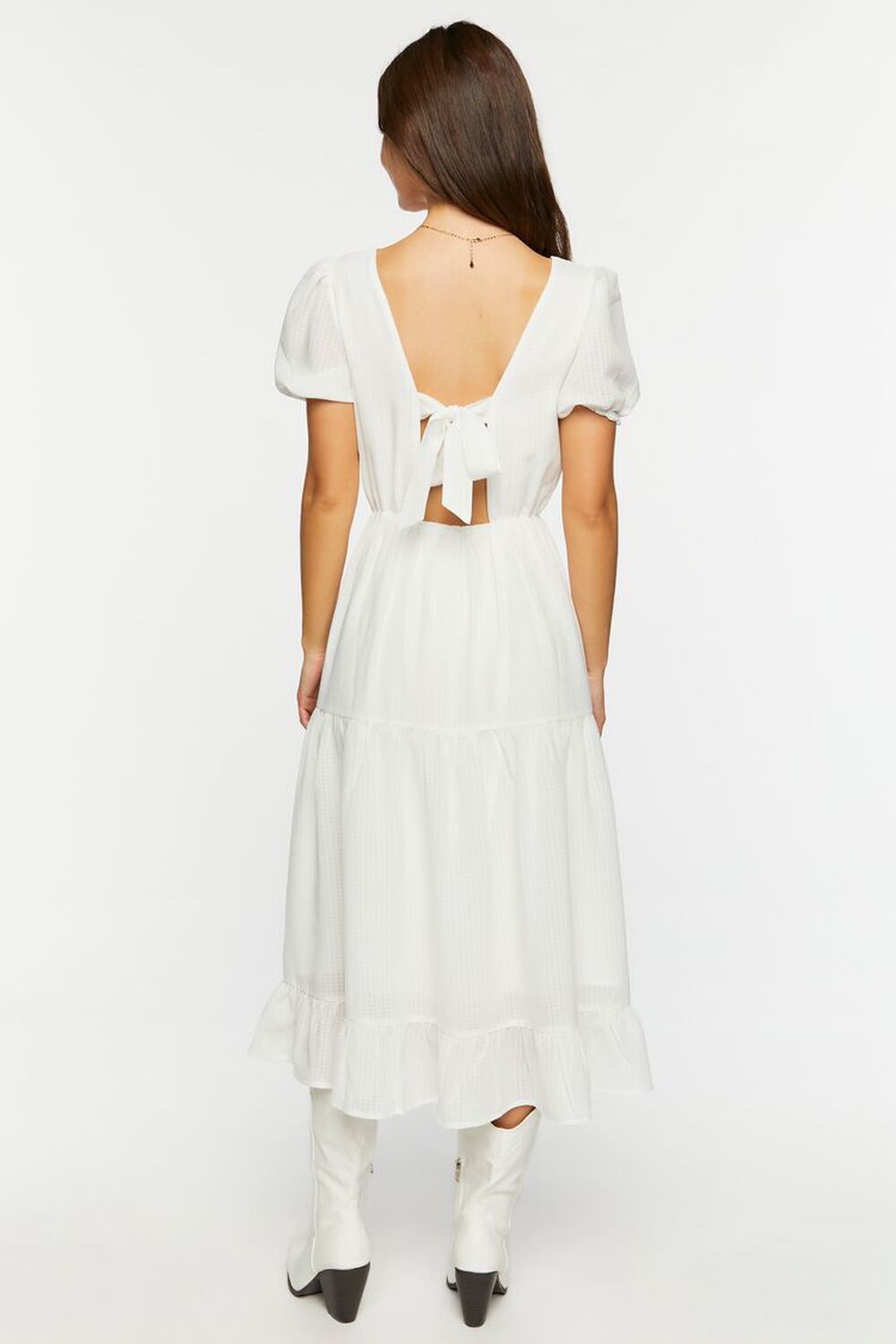 WHITE Gingham Chiffon Tiered Midi Dress, image 3