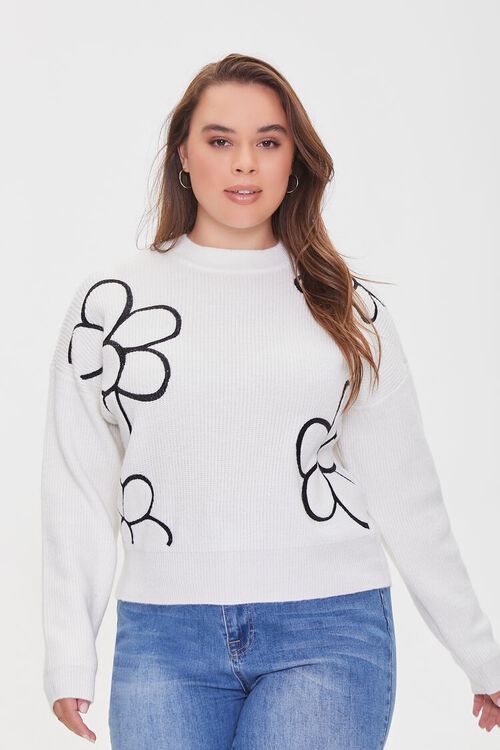 WHITE/BLACK Plus Size Floral Print Sweater, image 6