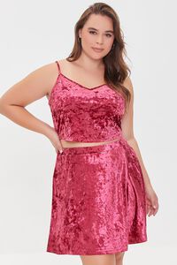 BURGUNDY Plus Size Velvet Cami & Skirt Set, image 1