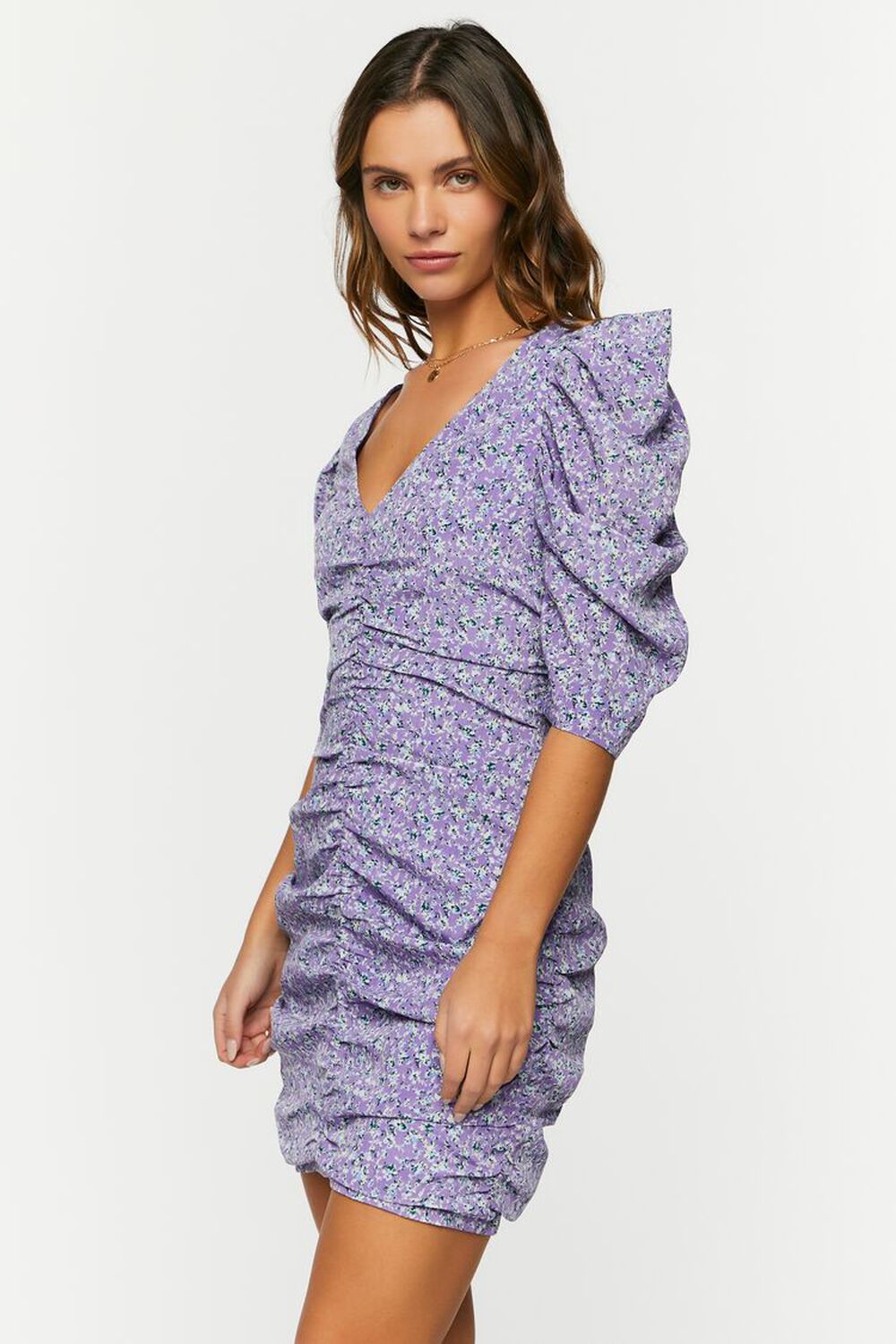 PURPLE/MULTI Ditsy Floral Ruched Puff-Sleeve Dress, image 2