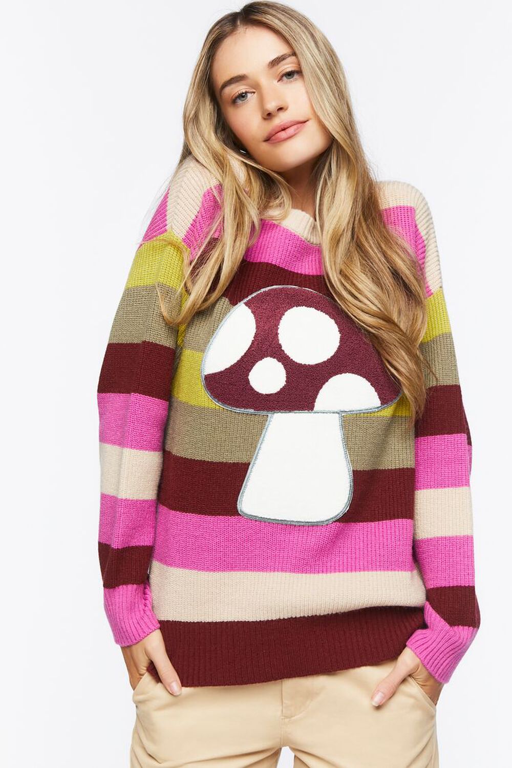 TAN/MULTI Mushroom Graphic Striped Sweater, image 1