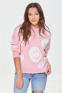 PINK/WHITE Happy Face Graphic Sweater, image 1