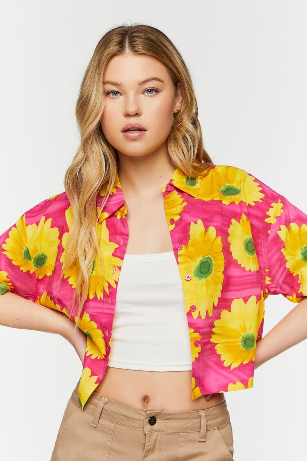PINK/MULTI Sunflower Print Cropped Shirt, image 1