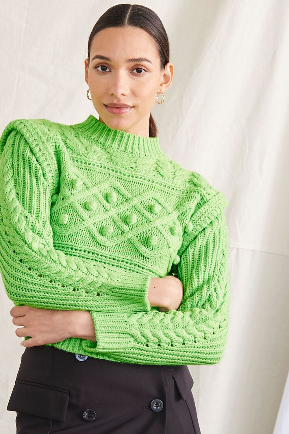 GREEN Pom Pom Cable Knit Sweater, image 1