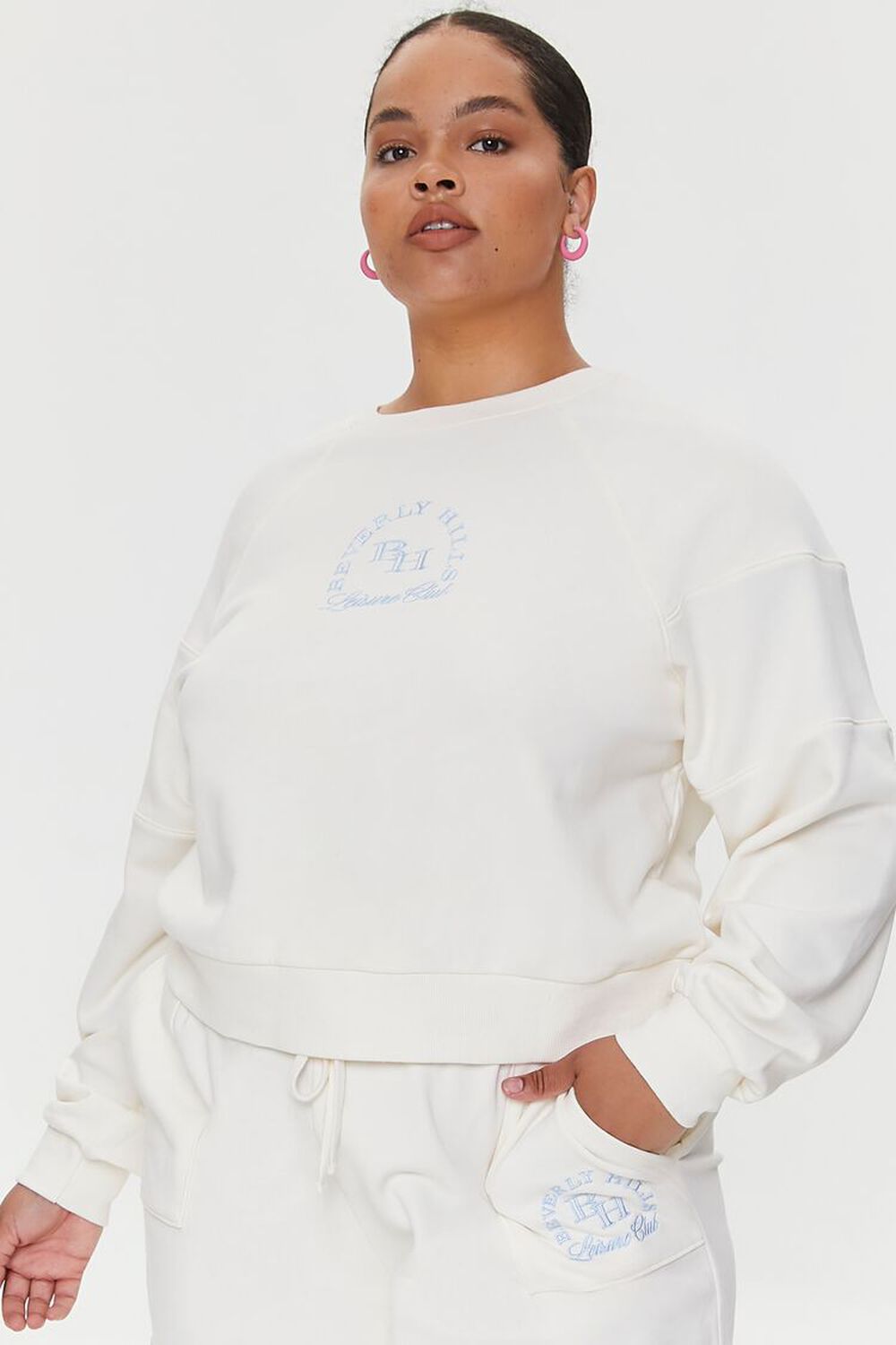 CREAM/BLUE Plus Size Embroidered Beverly Hills Pullover, image 1