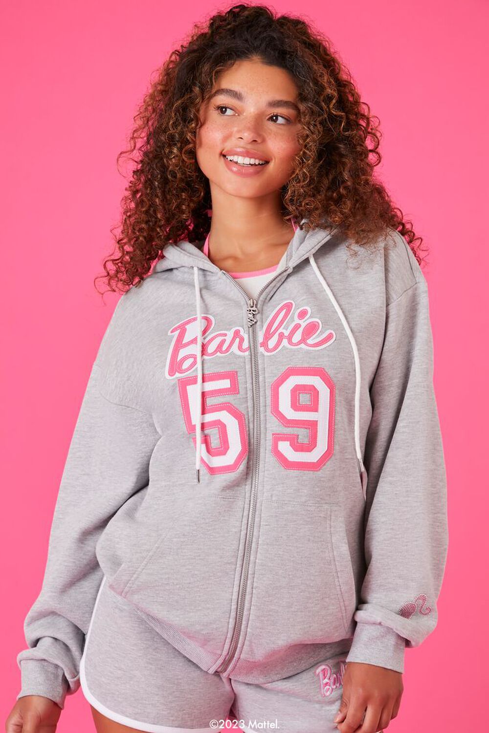Forever 21 Women's Embroidered Barbie Zip-Up Hoodie Sweatshirt in Heather Grey Large | F21