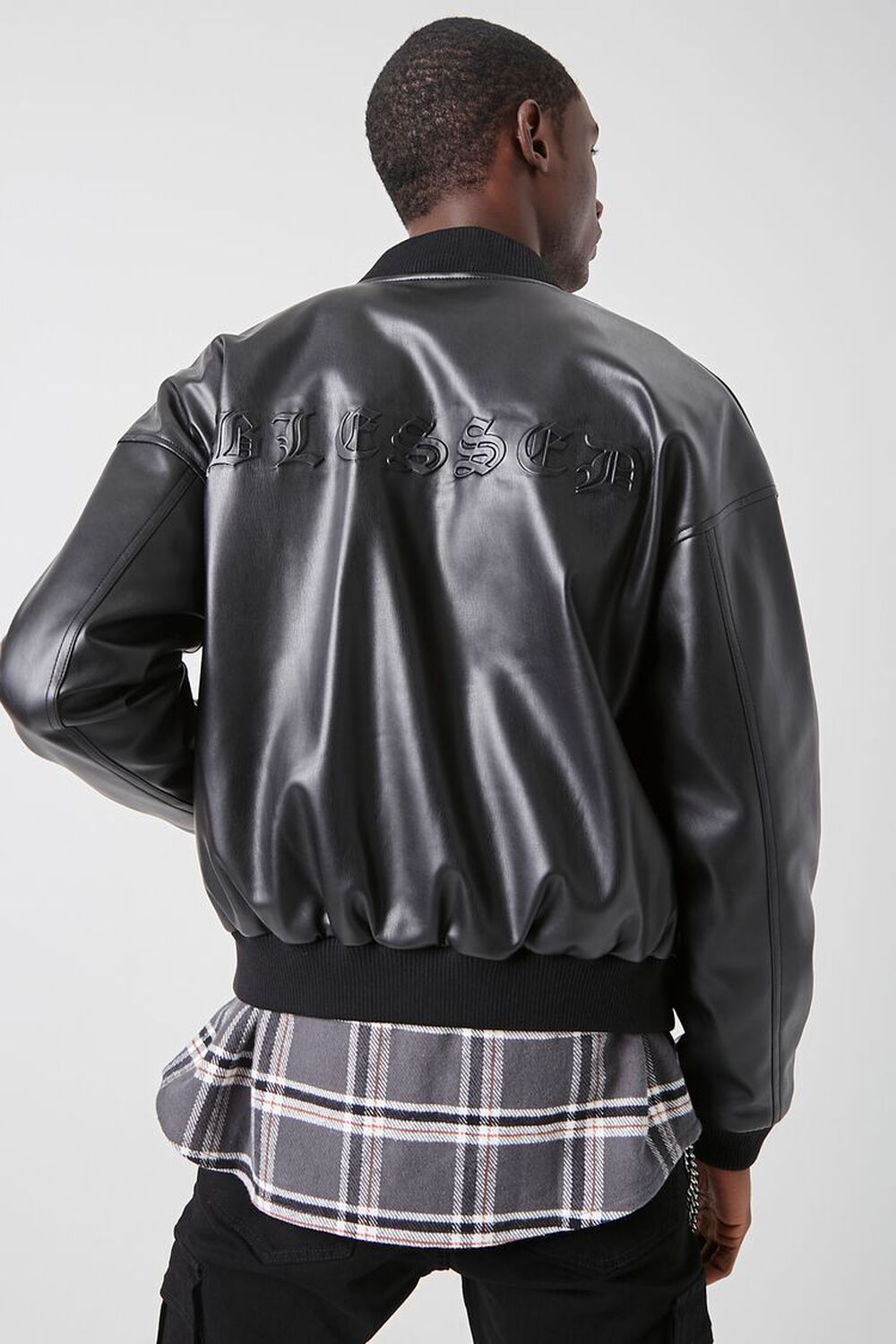 Blessed Faux Leather Bomber Jacket