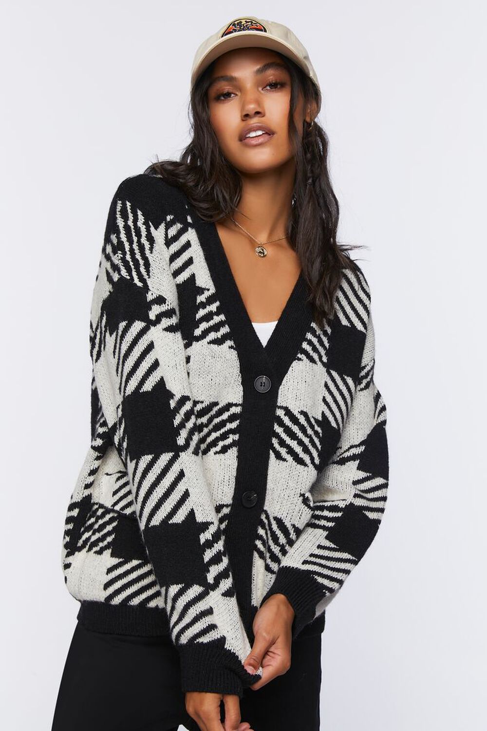 BLACK/CREAM Checkered Cardigan Sweater, image 1
