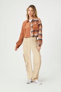 BROWN/MULTI Plaid Flannel Cropped Shirt, image 4