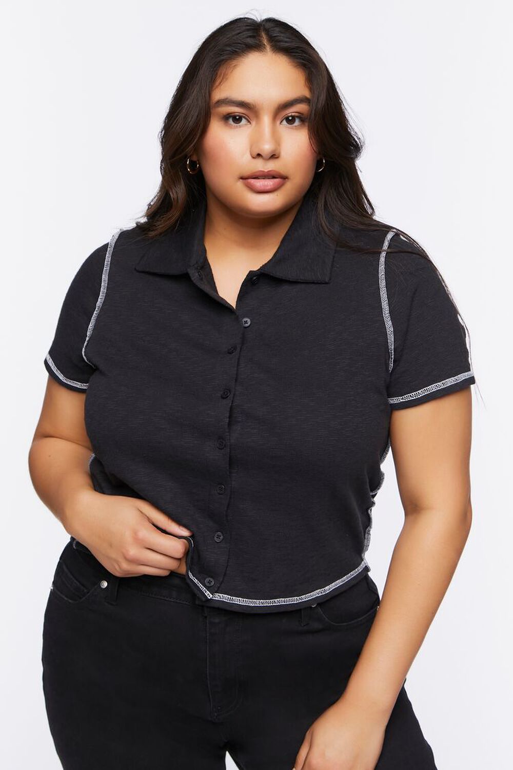 BLACK Plus Size Cropped Polo Shirt, image 1
