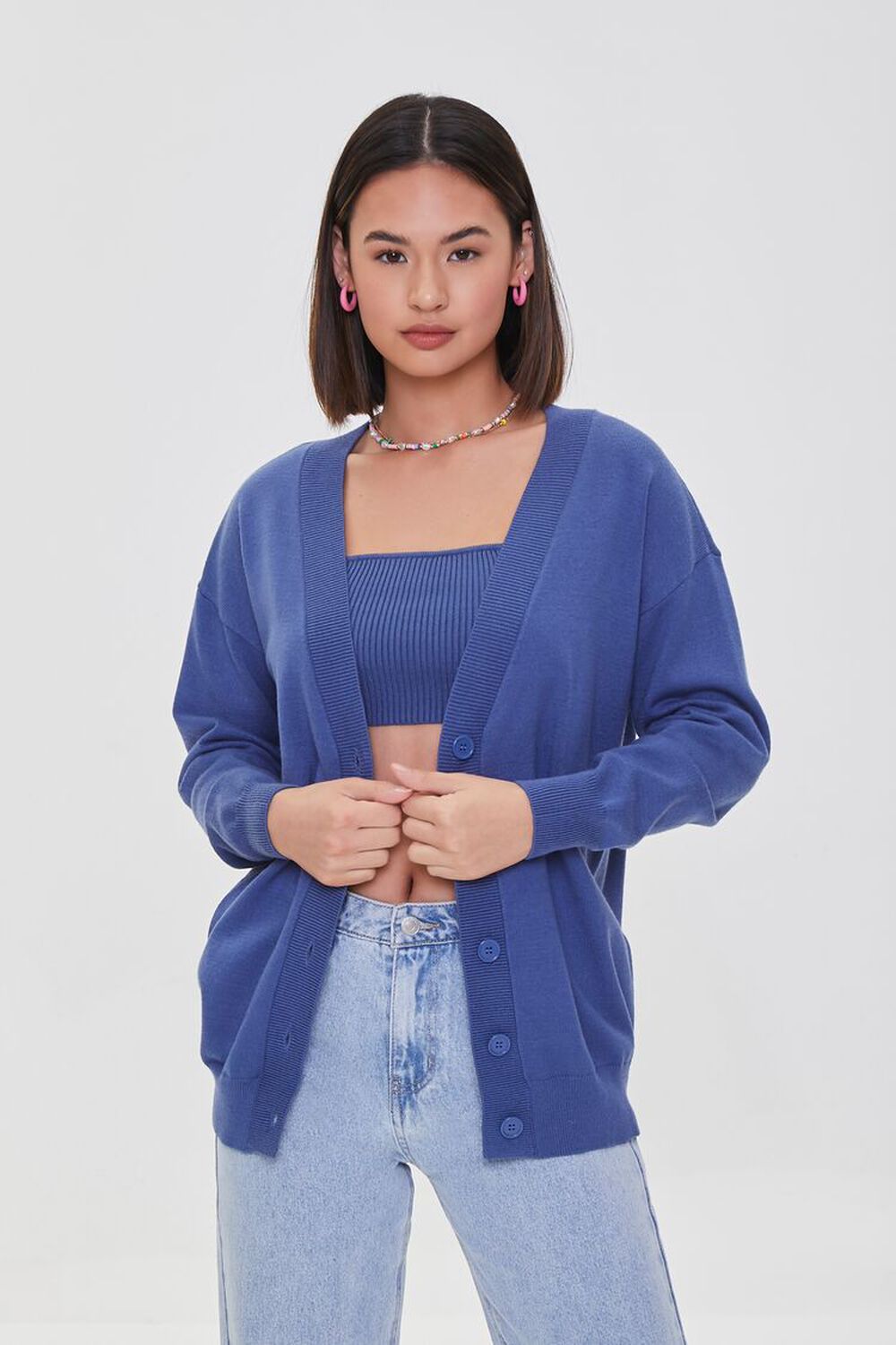 BLUE Sweater-Knit Crop Top & Cardigan Set, image 1