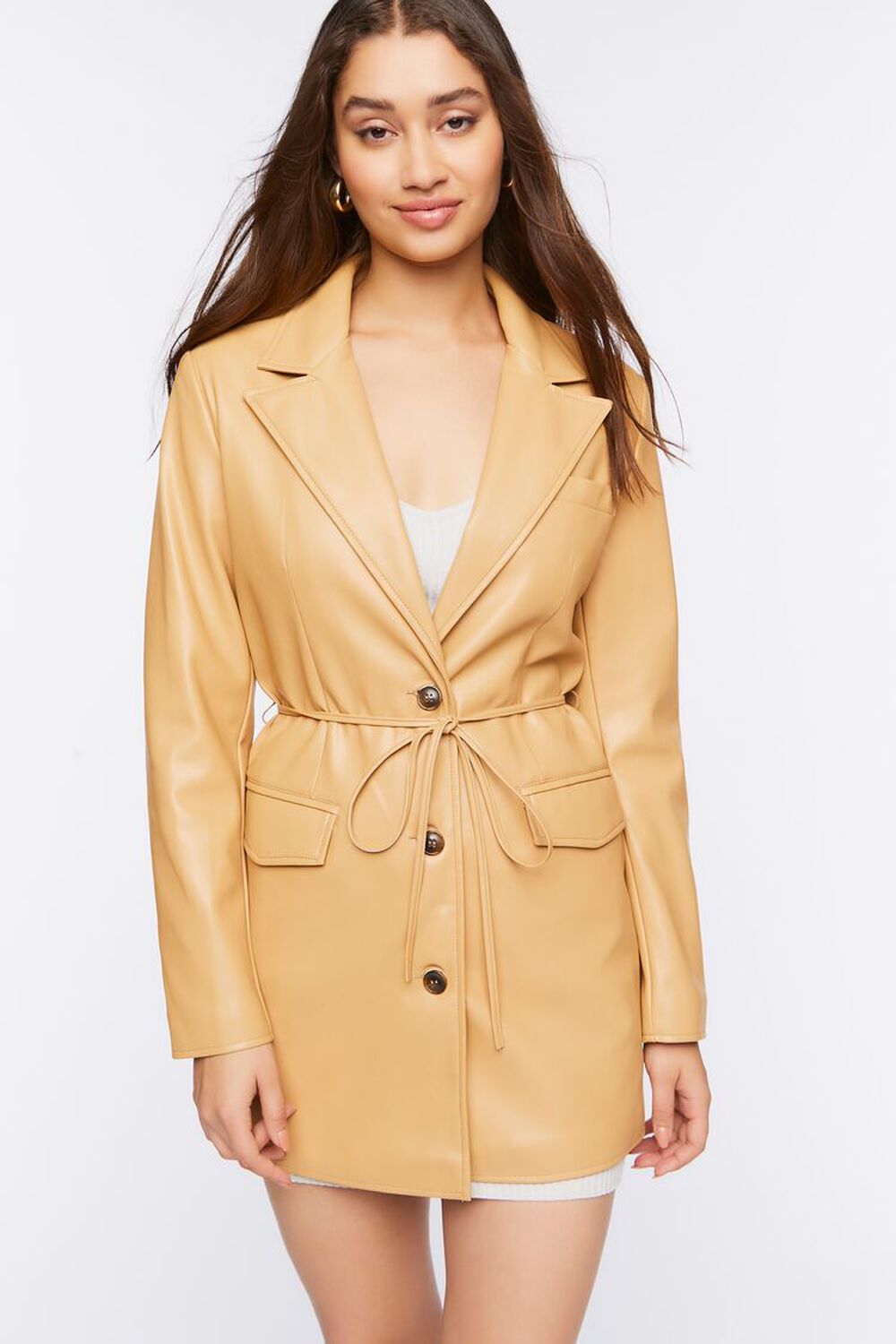 TAN Faux Leather Belted Blazer, image 1