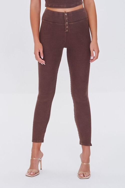 BROWN Ribbed Knit Button Leggings, image 2