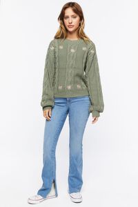 GREEN/TAN Embroidered Floral Cable Knit Sweater, image 5