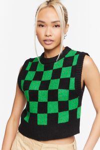BLACK/GREEN Checkered Cropped Sweater Vest, image 1