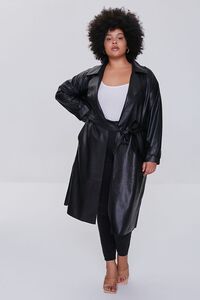 BLACK Plus Size Faux Leather Trench Coat, image 4