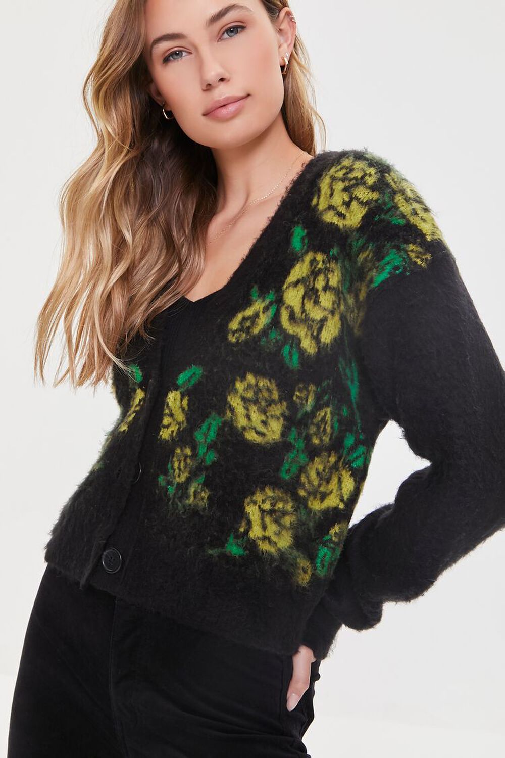 BLACK/MULTI Fuzzy Knit Rose Print Cardigan Sweater, image 1