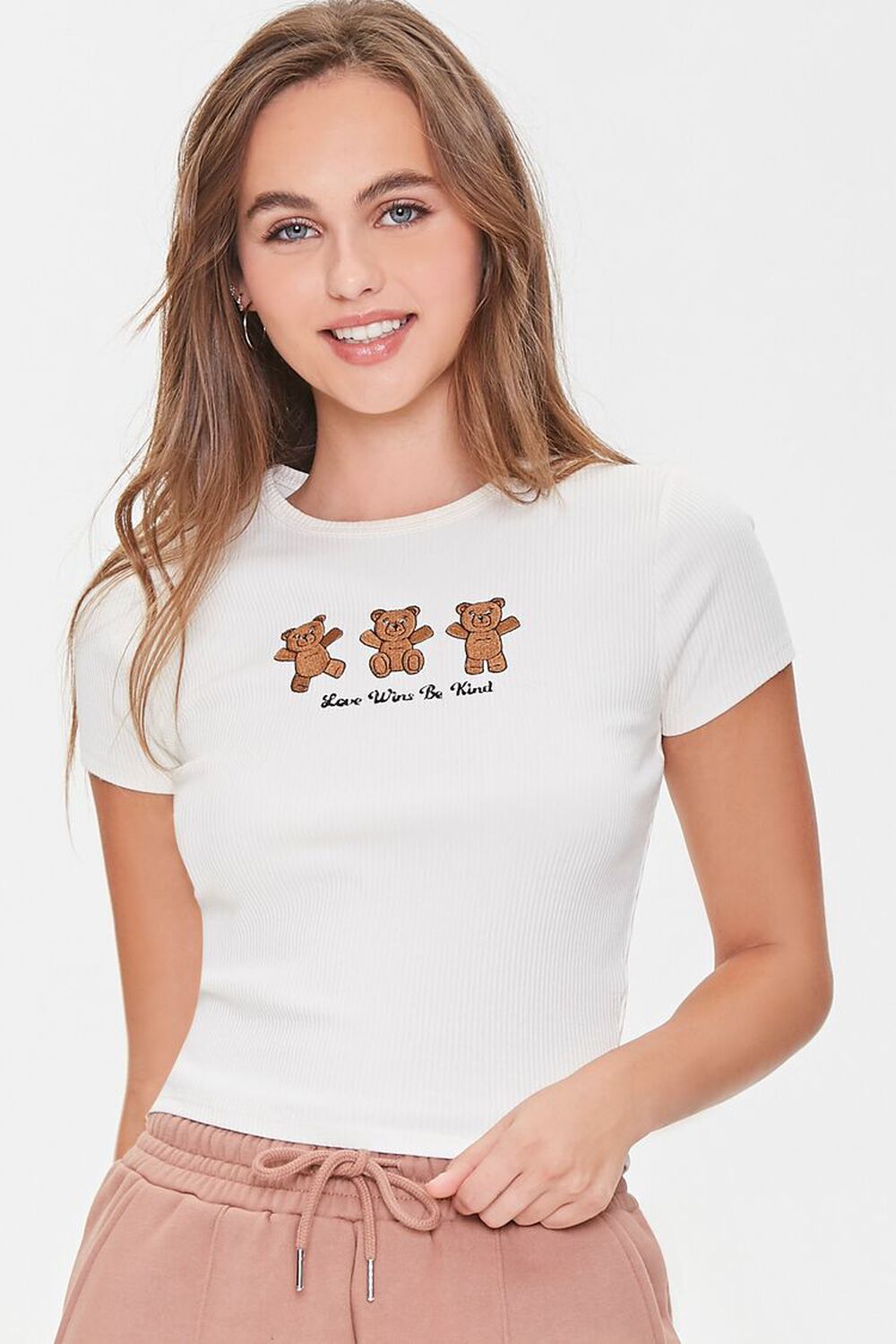 CREAM/MULTI Embroidered Teddy Bear Cropped Tee, image 1