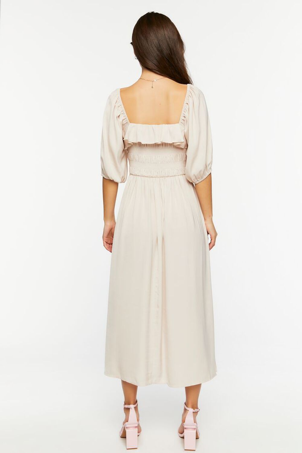 TAUPE Shirred Puff-Sleeve Midi Dress, image 3