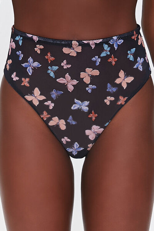 BLACK/MULTI Butterfly Print High-Waist Panties, image 2