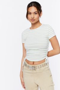 GREEN/CREAM Striped Ruched Cropped Tee, image 1