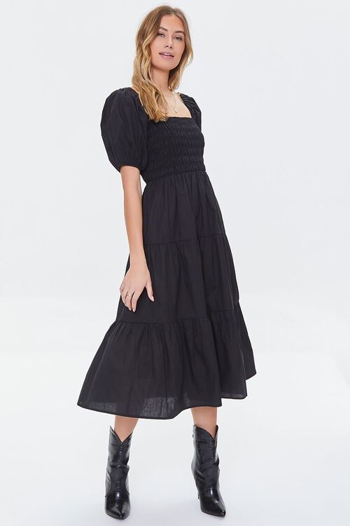 BLACK Smocked Puff-Sleeve Dress, image 4
