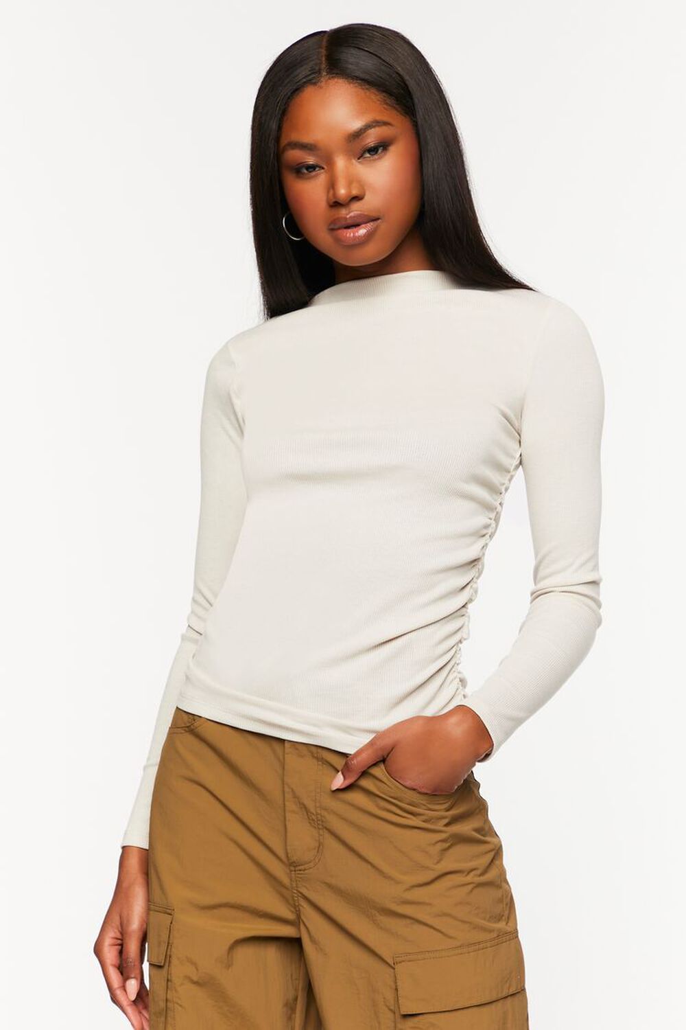 NEUTRAL GREY Ruched Mock Neck Long-Sleeve Top, image 1