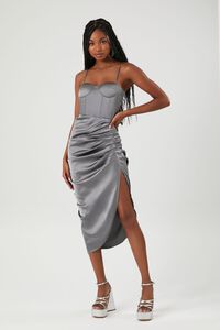 GREY Satin Ruched Bustier Midi Dress, image 4