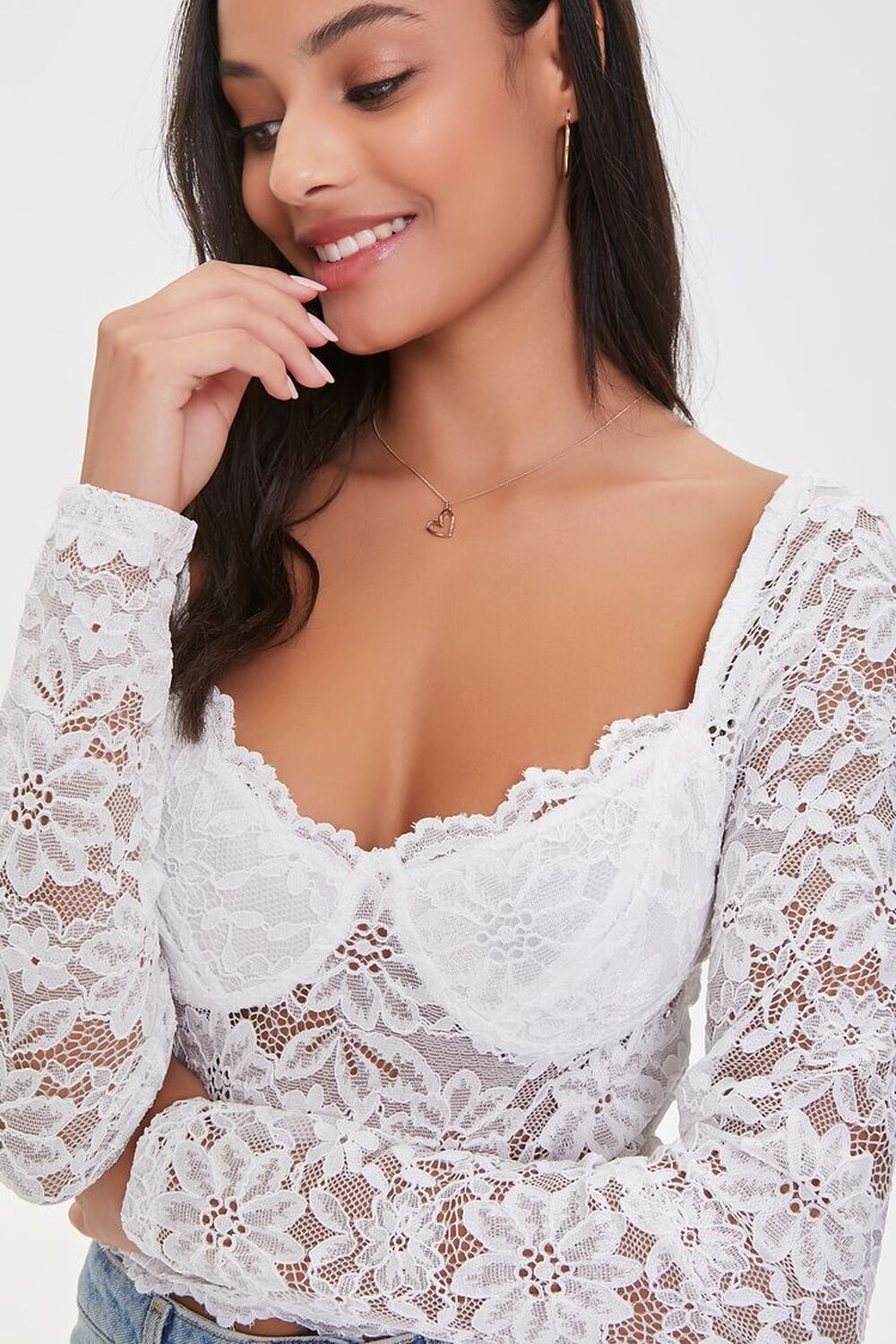 IVORY Floral Lace Scalloped Crop Top, image 1